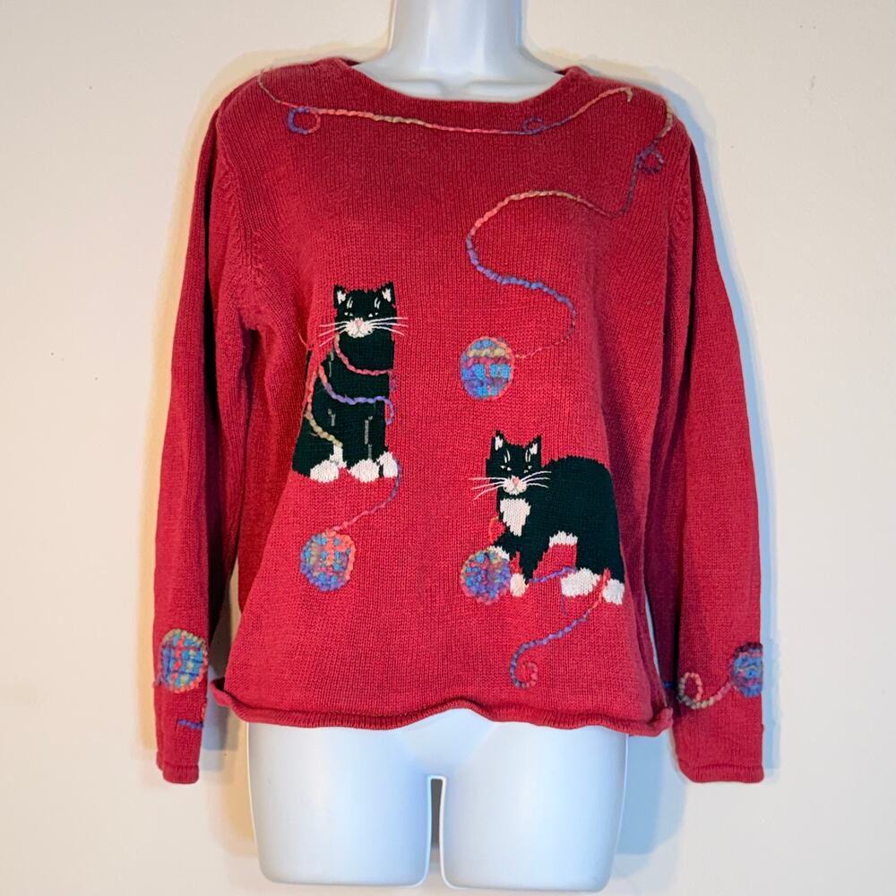Vintage Pink Black Cat Novelty Sweater Colorful Yarn Ball Knit Pullover